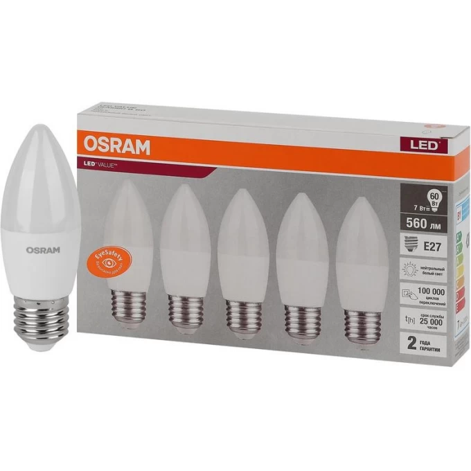 Лампа светодиодная LED OSRAM VALUE LVCLB60 7SW/840 7Вт E27 230В 2х5 RU (уп.5шт) 4058075578043