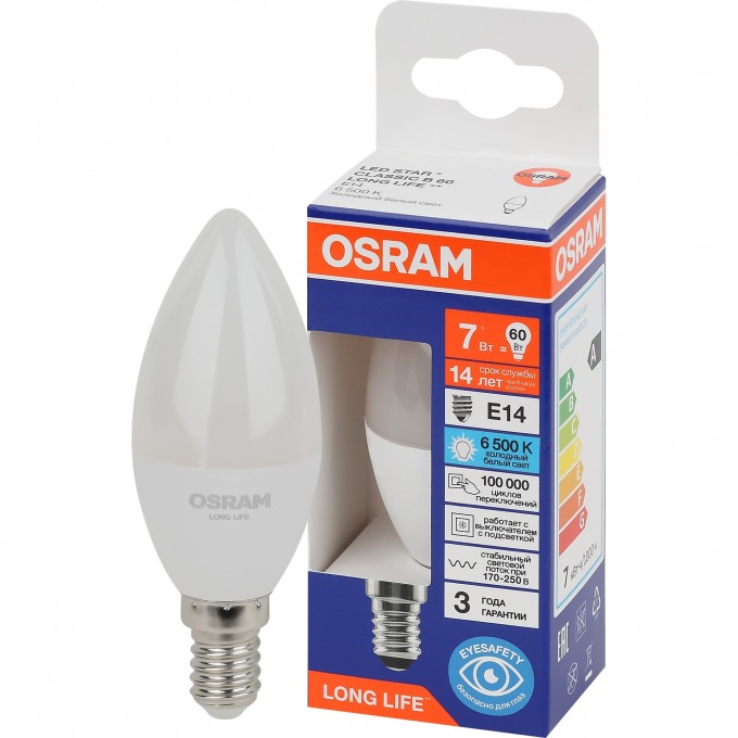 Лампа светодиодная OSRAM LED 7Вт Е14 6500К 600Лм свеча 220В 4099854186301 Лампа светодиодная OSRAM LED 7Вт Е14 6500К 600Лм свеча 220В 4099854186301